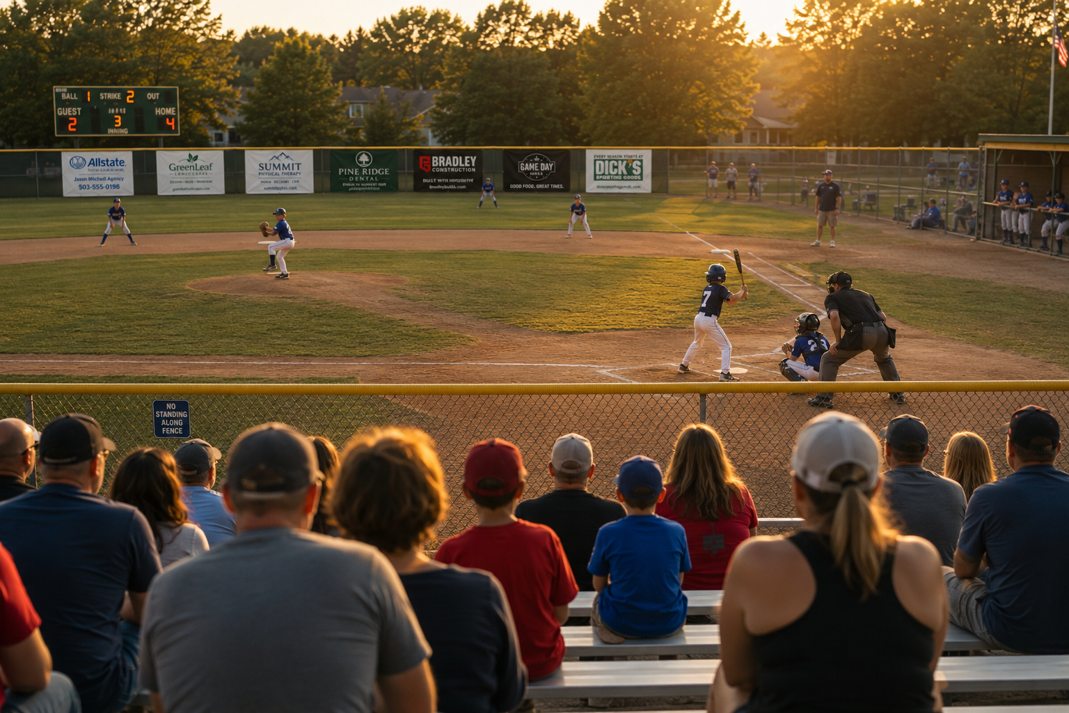 Youth baseball game with sponsor banners along the outfield fence, families watching from the bleachers